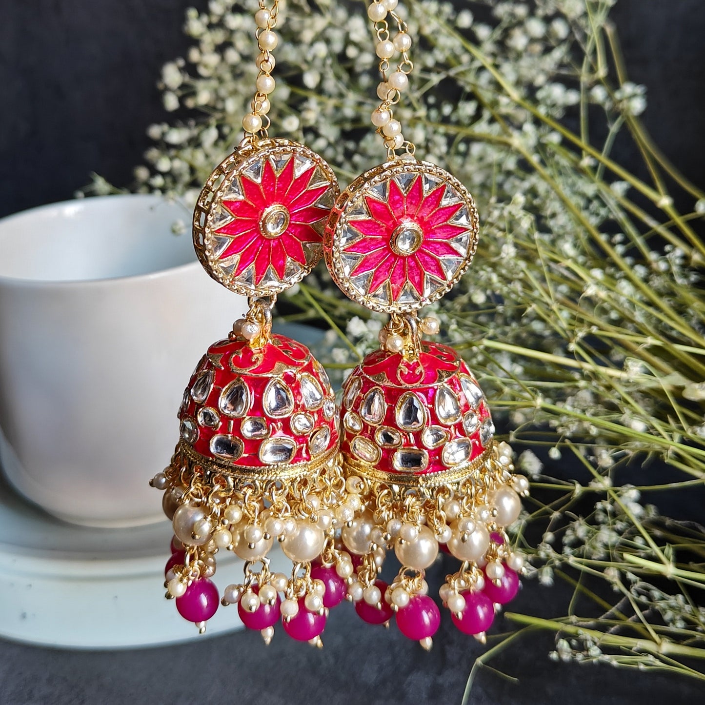 Vilandi Kundan Jhumka Earrings - Hot Pink