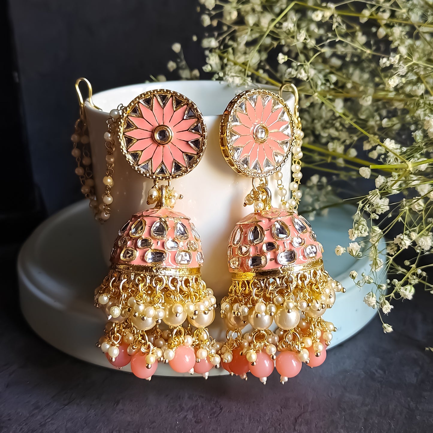 Vilandi Kundan Jhumka Earrings - Peach