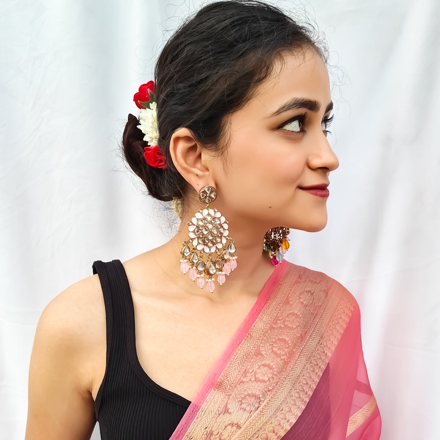 Saanjh Meenakari Chandbali Earrings Baby Pink
