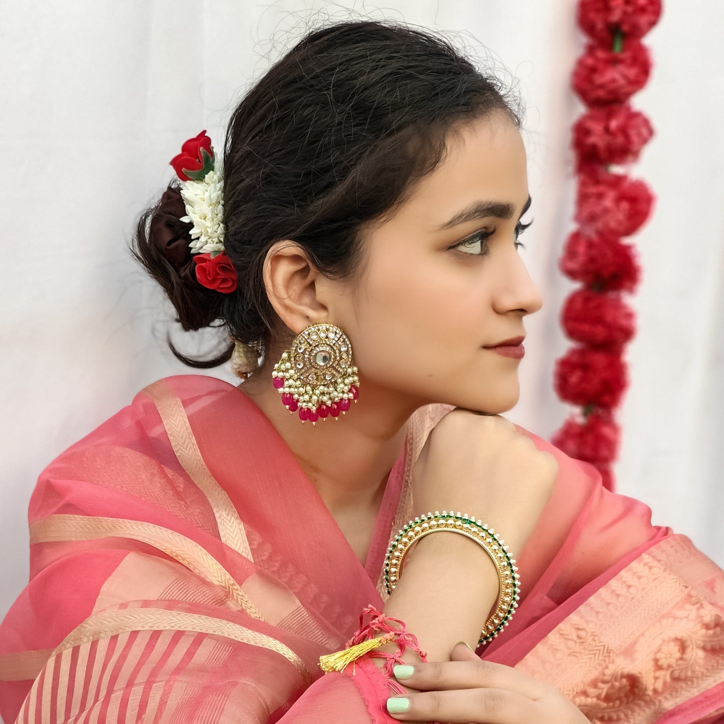 Jiya Dabi Kundan Earrings- Hot Pink
