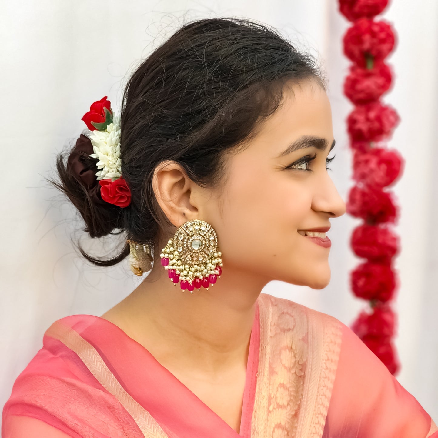 Jiya Dabi Kundan Earrings- Hot Pink