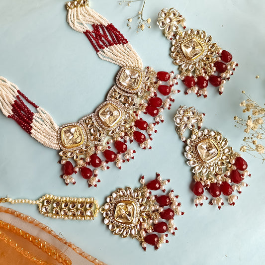 Sumer Polki Ad Necklace Set- Red