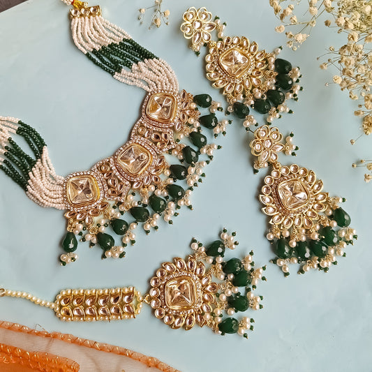 Sumer Polki Ad Necklace Set- Green