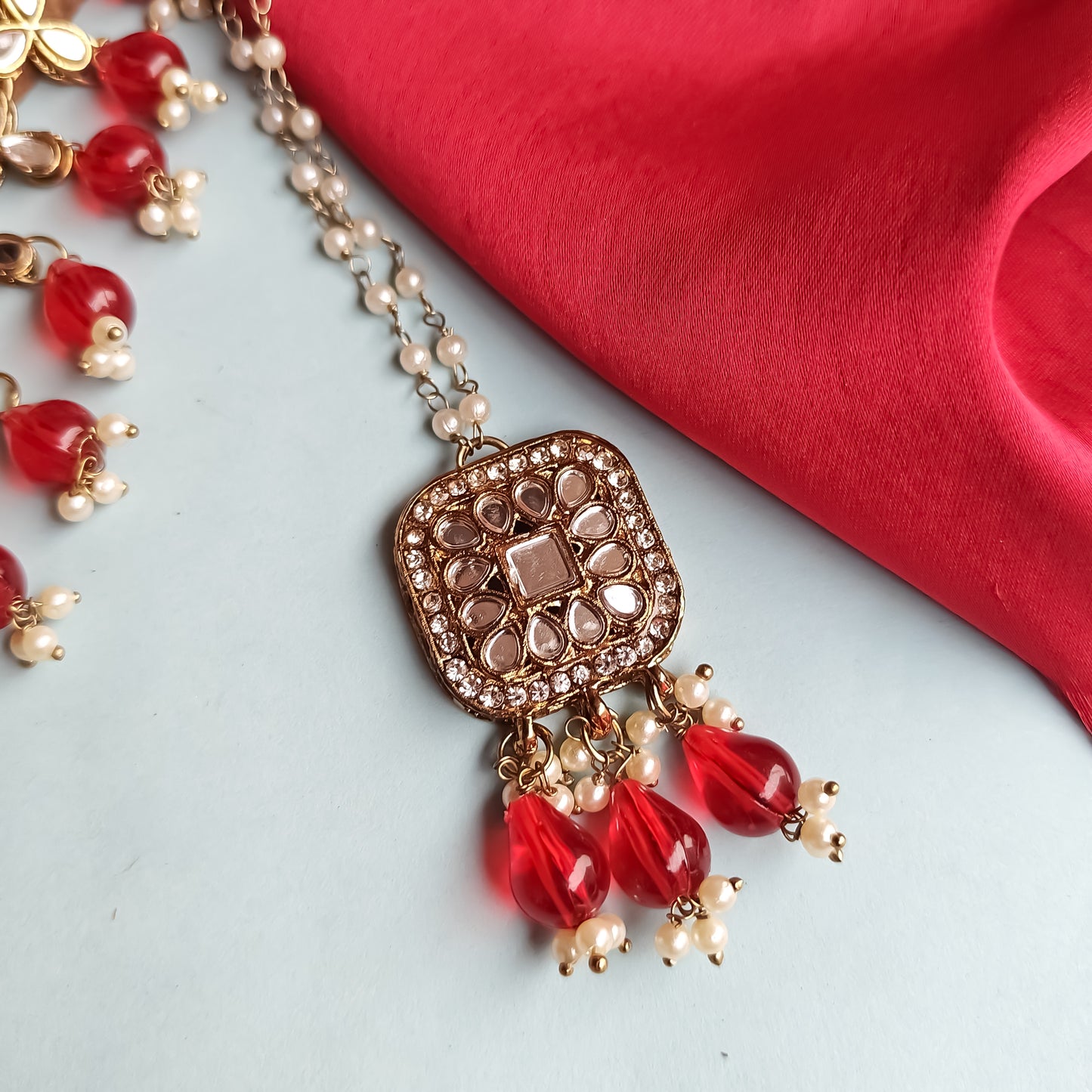 Mohika Mirror Jhumka Earrings with Sahara & Tika Set - Red