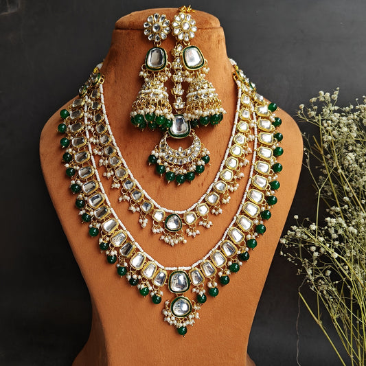 Deep Double layer Kundan Necklace Set - Green