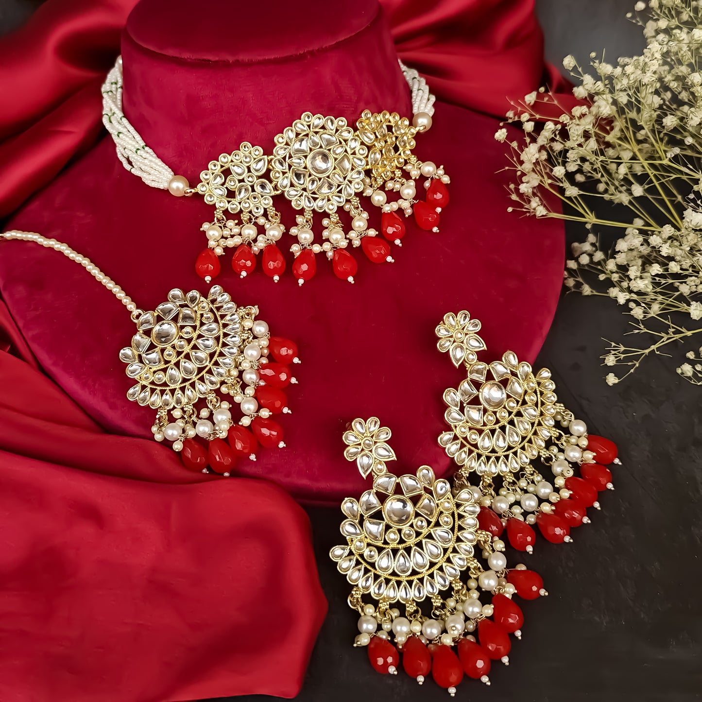 Amber Dabi Kundan Necklace Set - Red