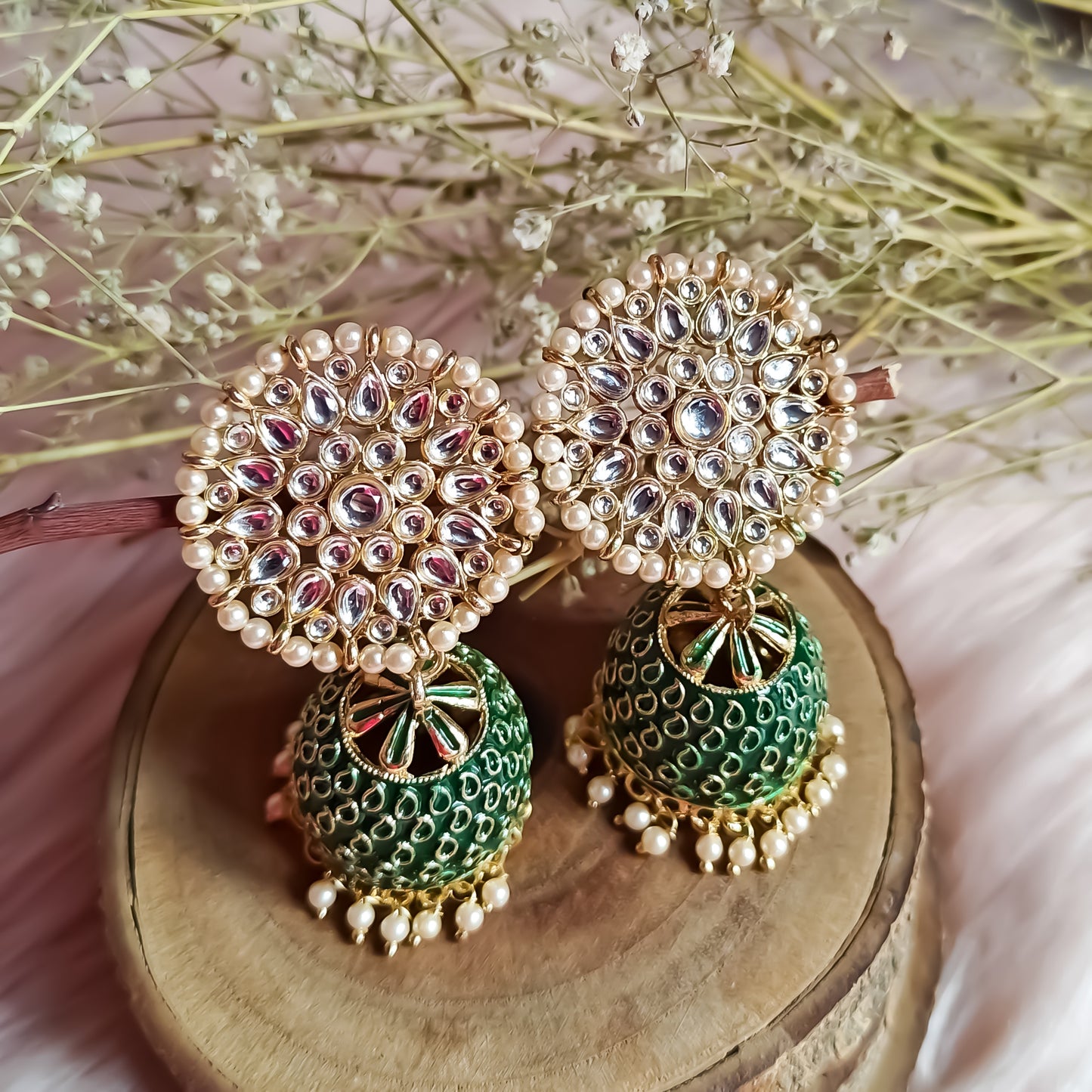 Kundan Meenakari Jhumka Earrings - Green