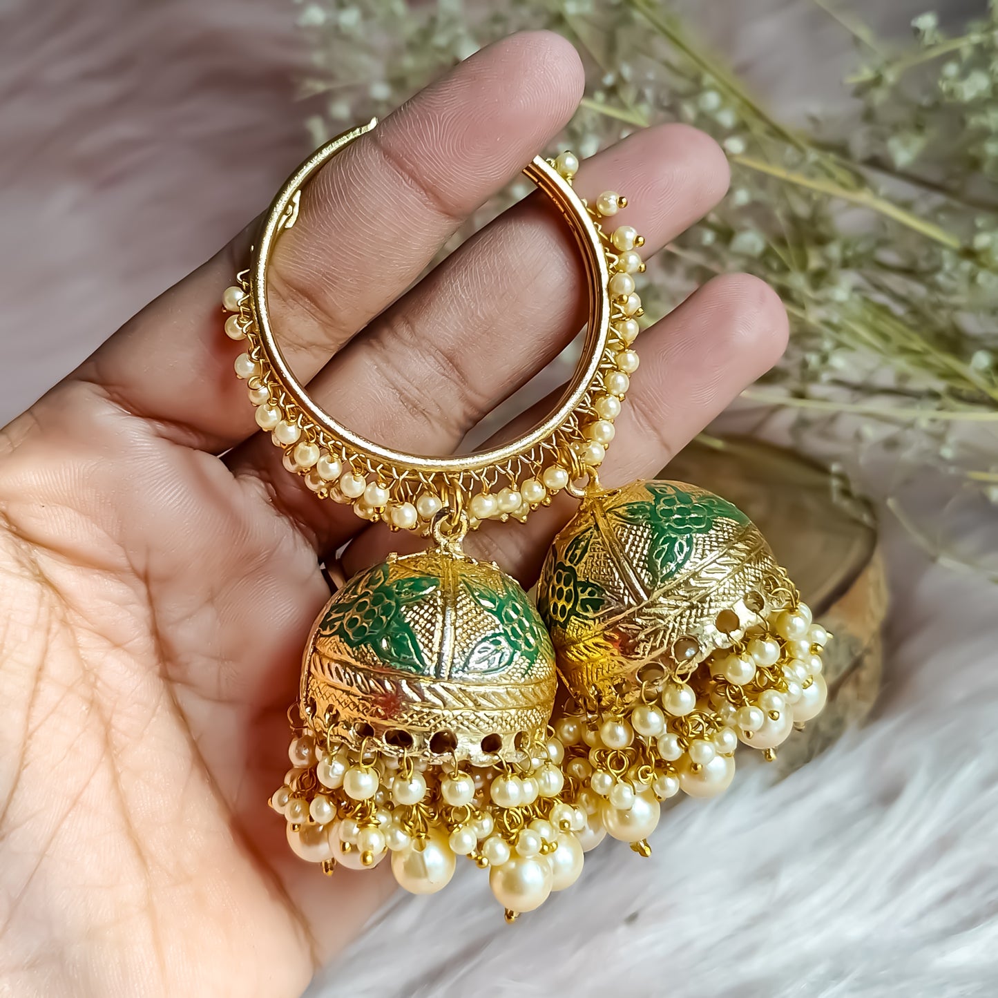 Yamini Bali Meenakari Jhumka Earrings - Green