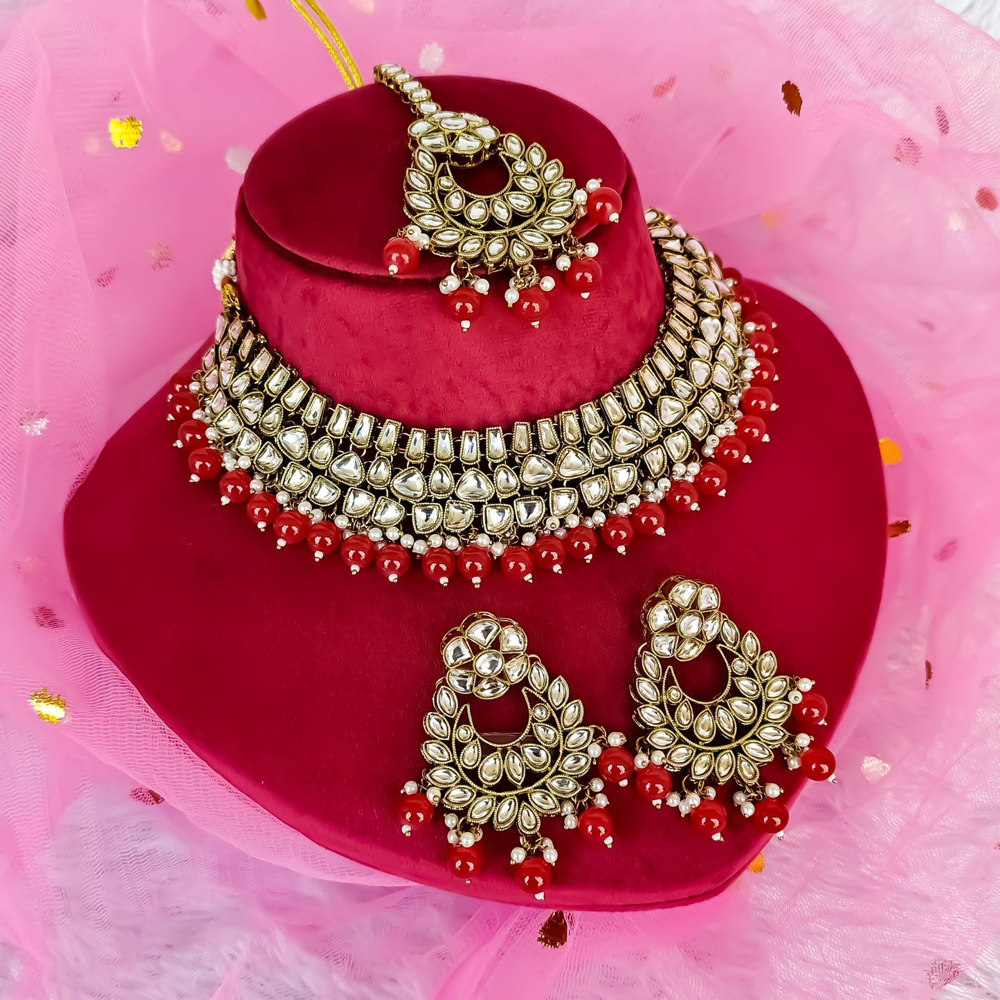 Kisma Dabi UNCUT Kundan Necklace Set - Red