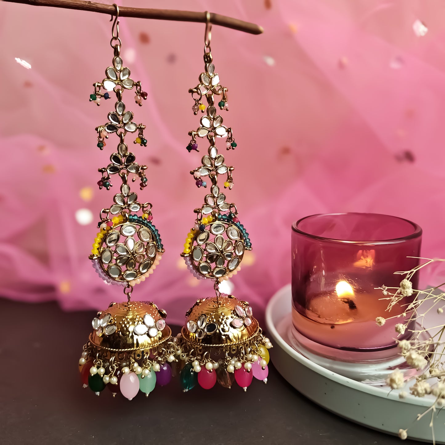 Nazakat Mirror Jhumka Earrings with Sahara - Multi