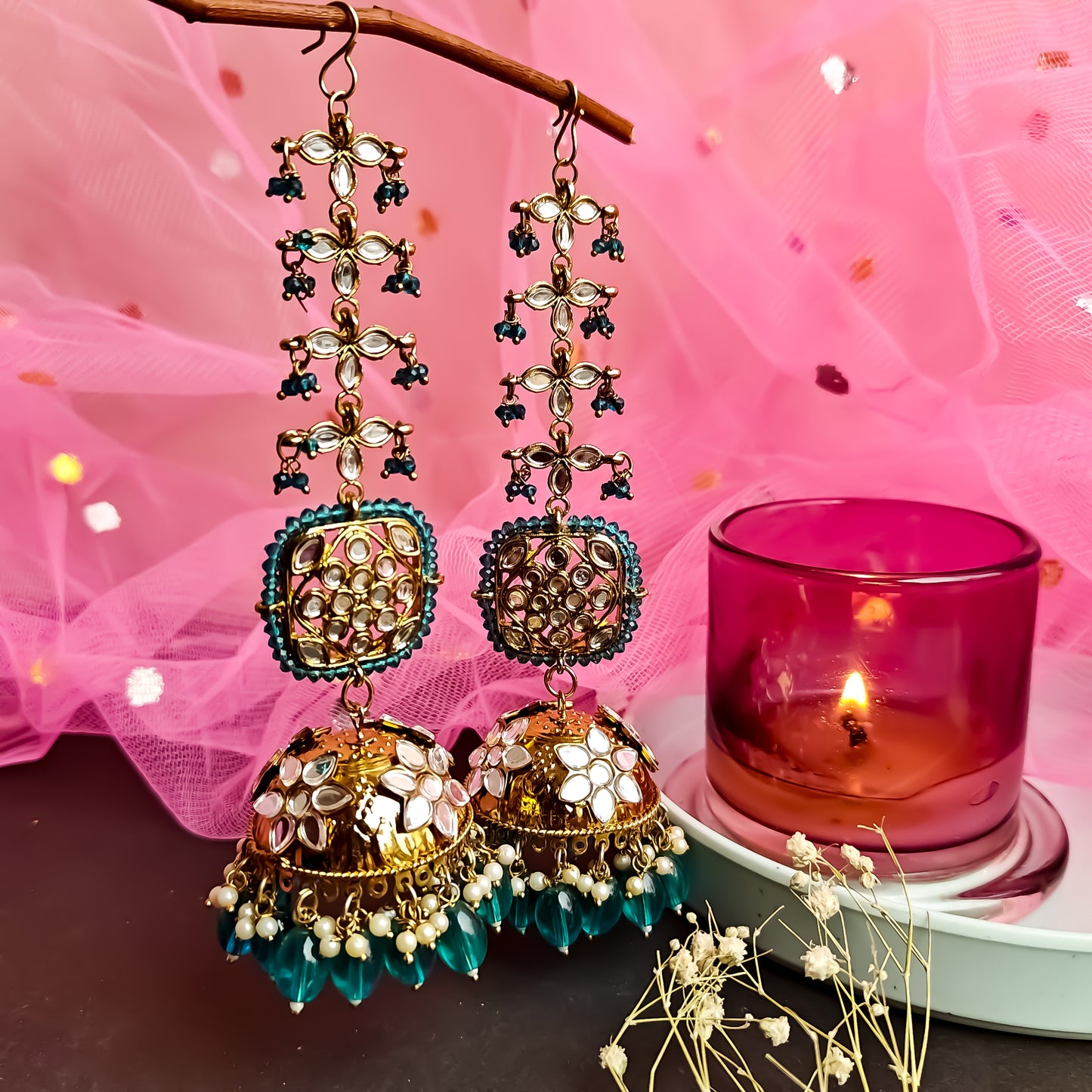 Kanak Jhumka Earrings with Sahara - Peacock Blue