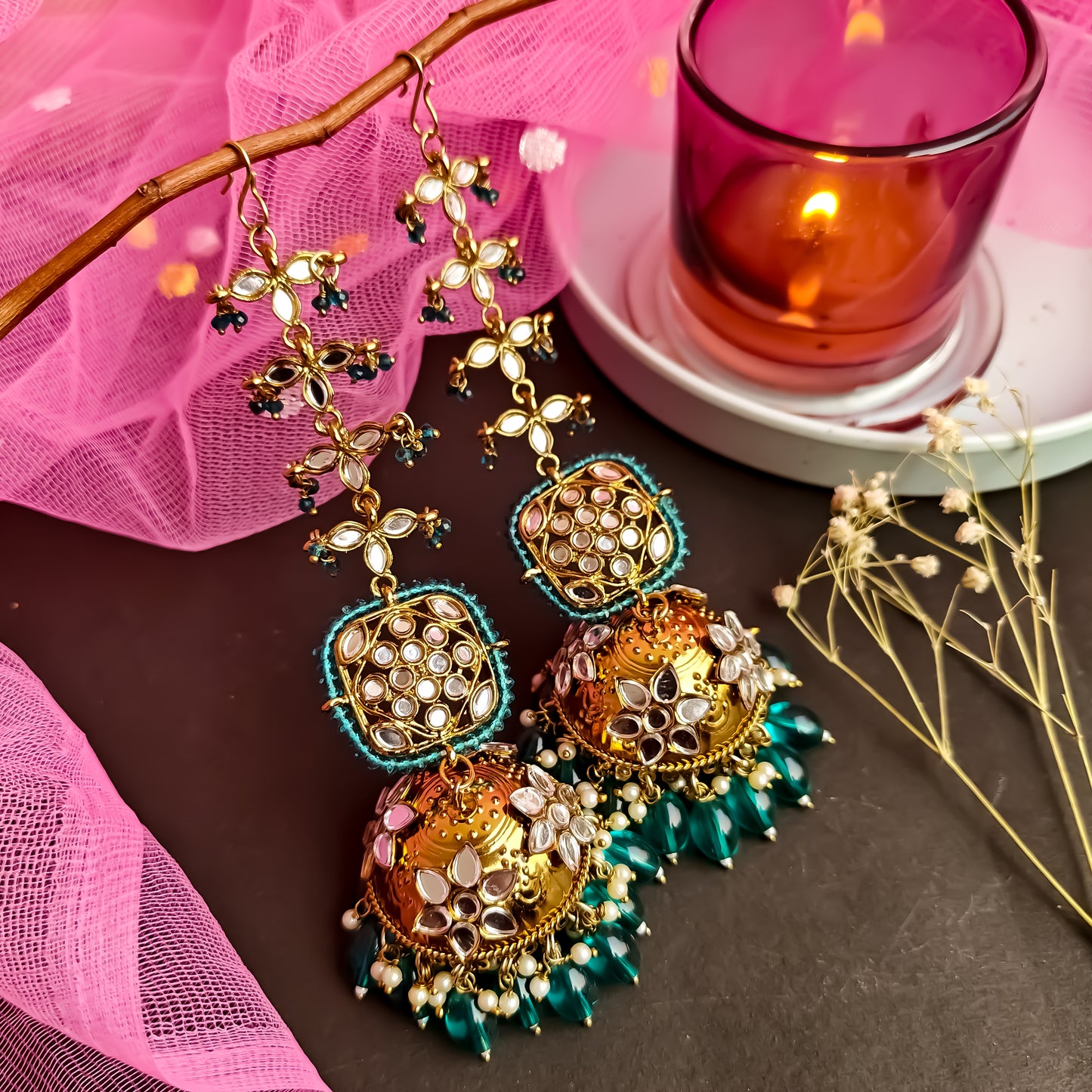 Kanak Jhumka Earrings with Sahara - Peacock Blue