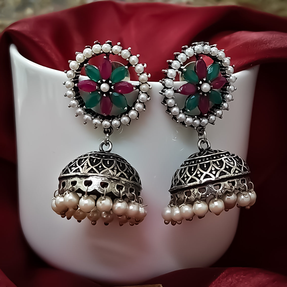 Rima Sla Jhumka Earrings- Pink& Green