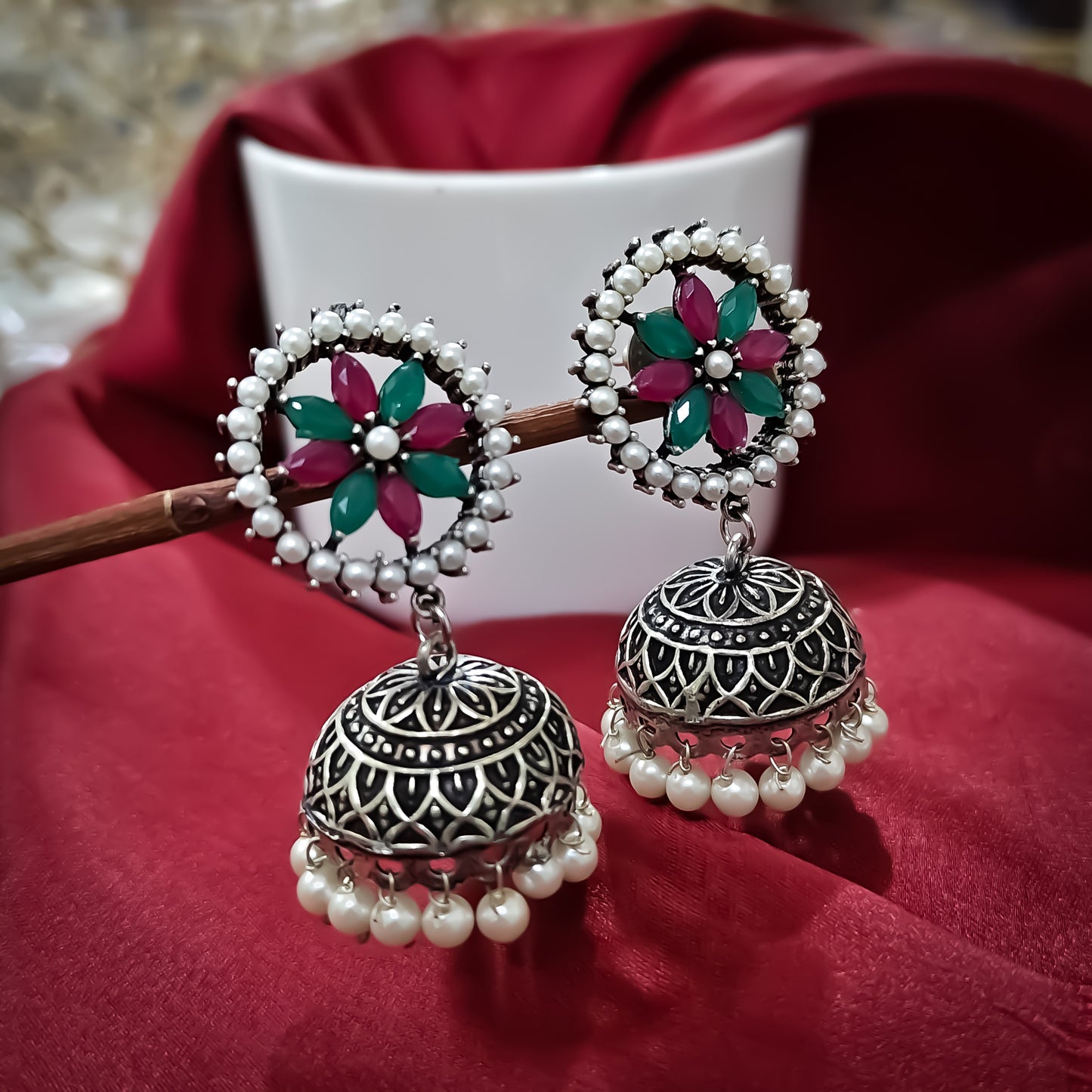 Rima Sla Jhumka Earrings- Pink& Green