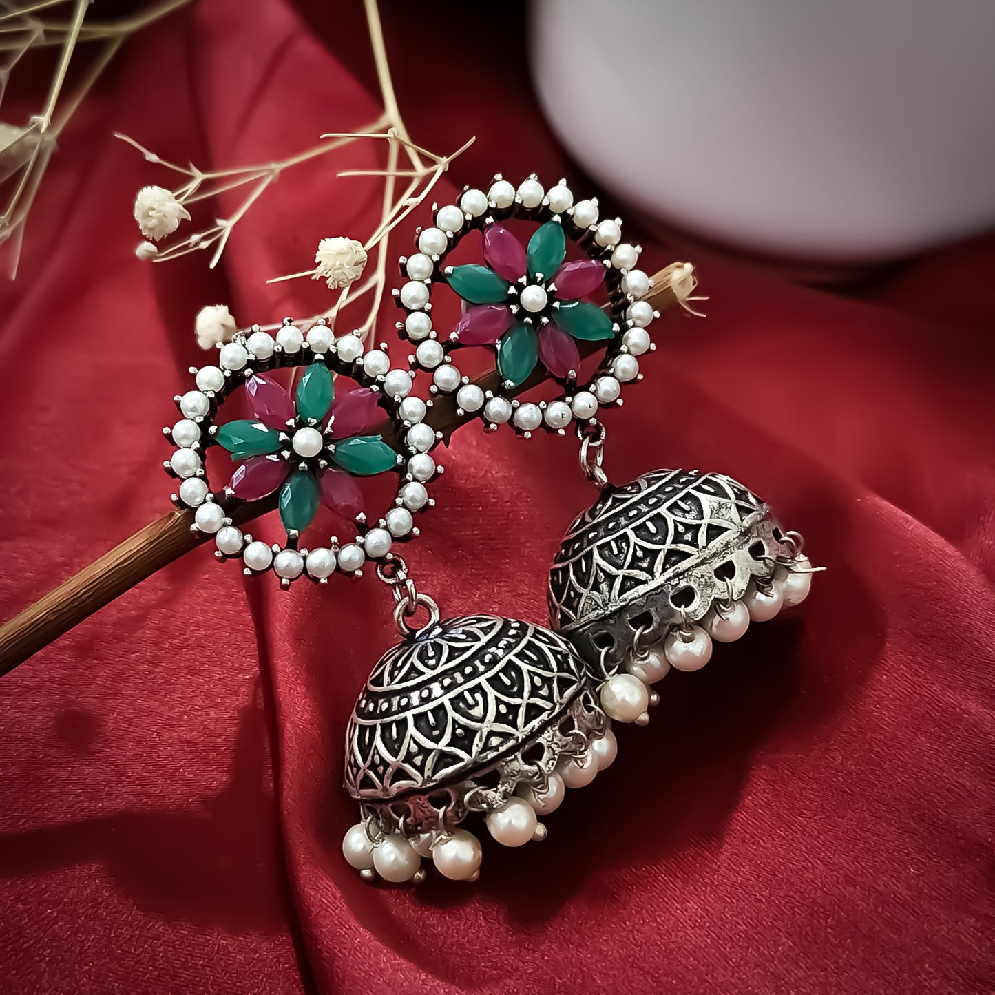 Rima Sla Jhumka Earrings- Pink& Green