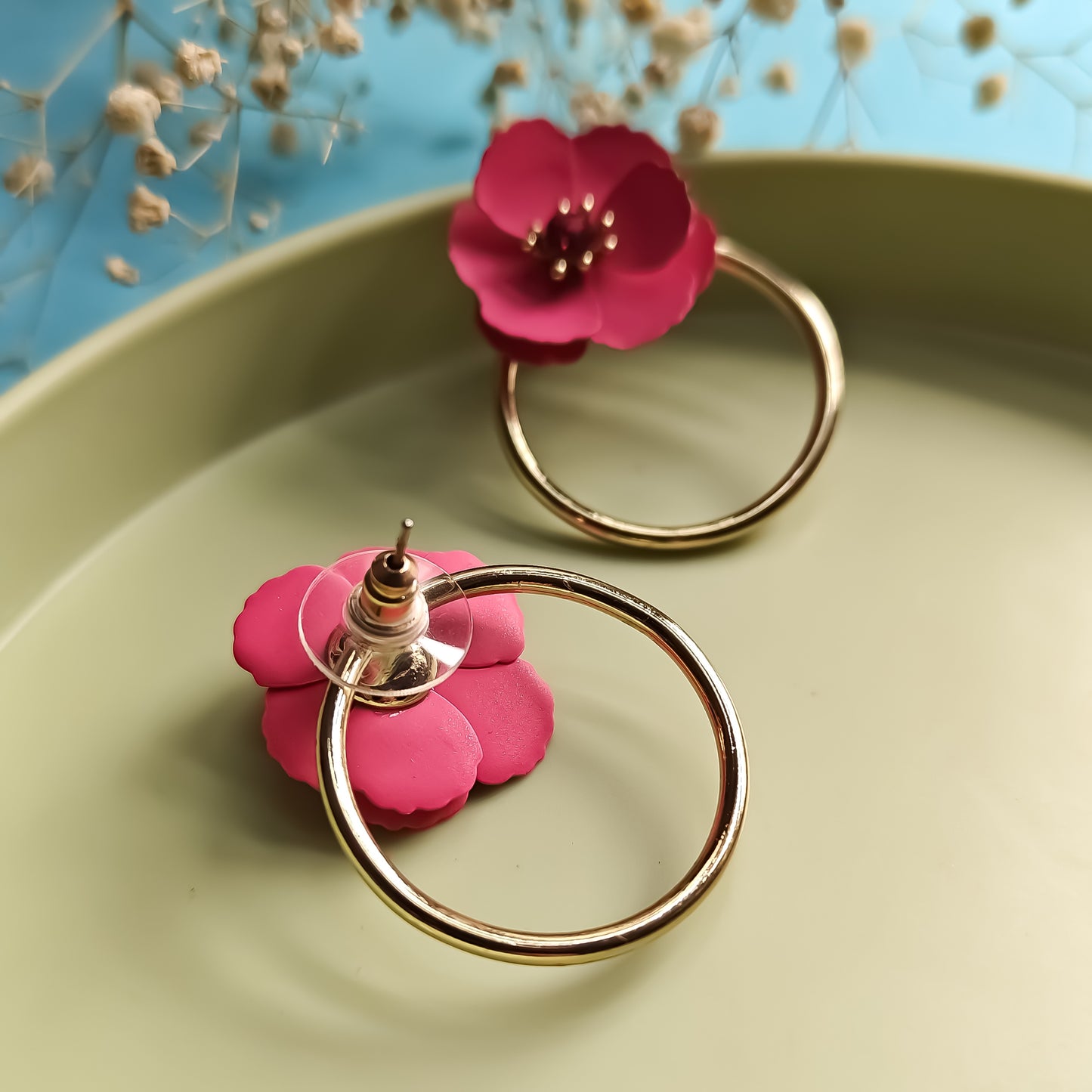 Korean Floral Hoop Earrings-Hot Pink
