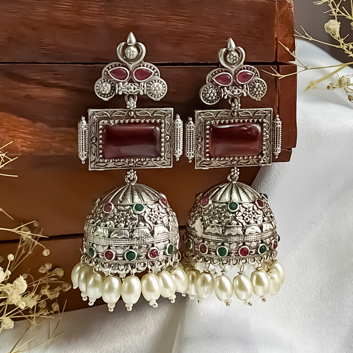 Shifat Silver Plated Brass Jhumka Earrings (Monalisa Stones)- Green & Red