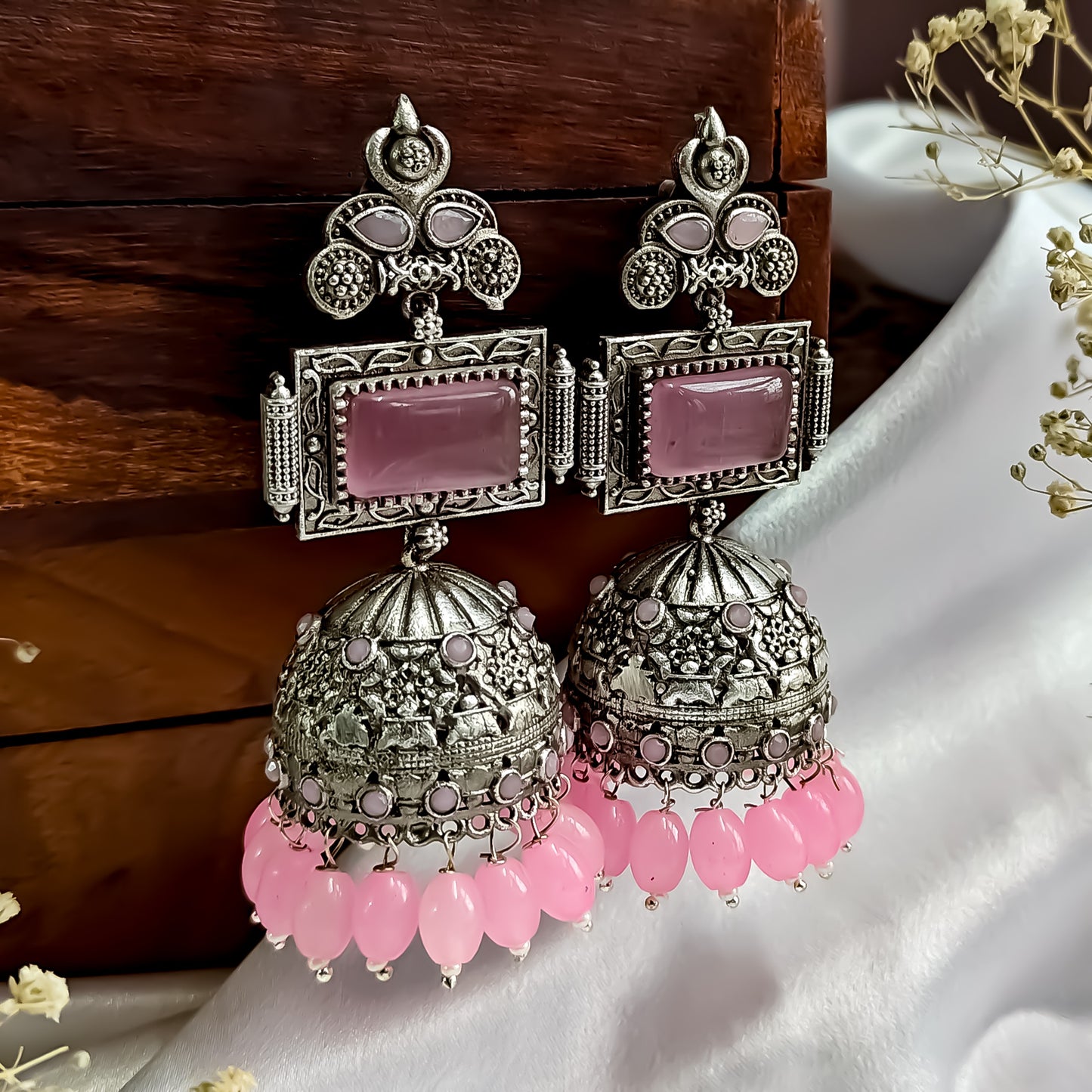 Shifat Silver Plated Brass Jhumka Earrings (Monalisa Stones)- Baby Pink