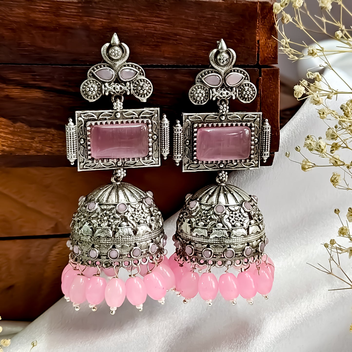 Shifat Silver Plated Brass Jhumka Earrings (Monalisa Stones)- Baby Pink