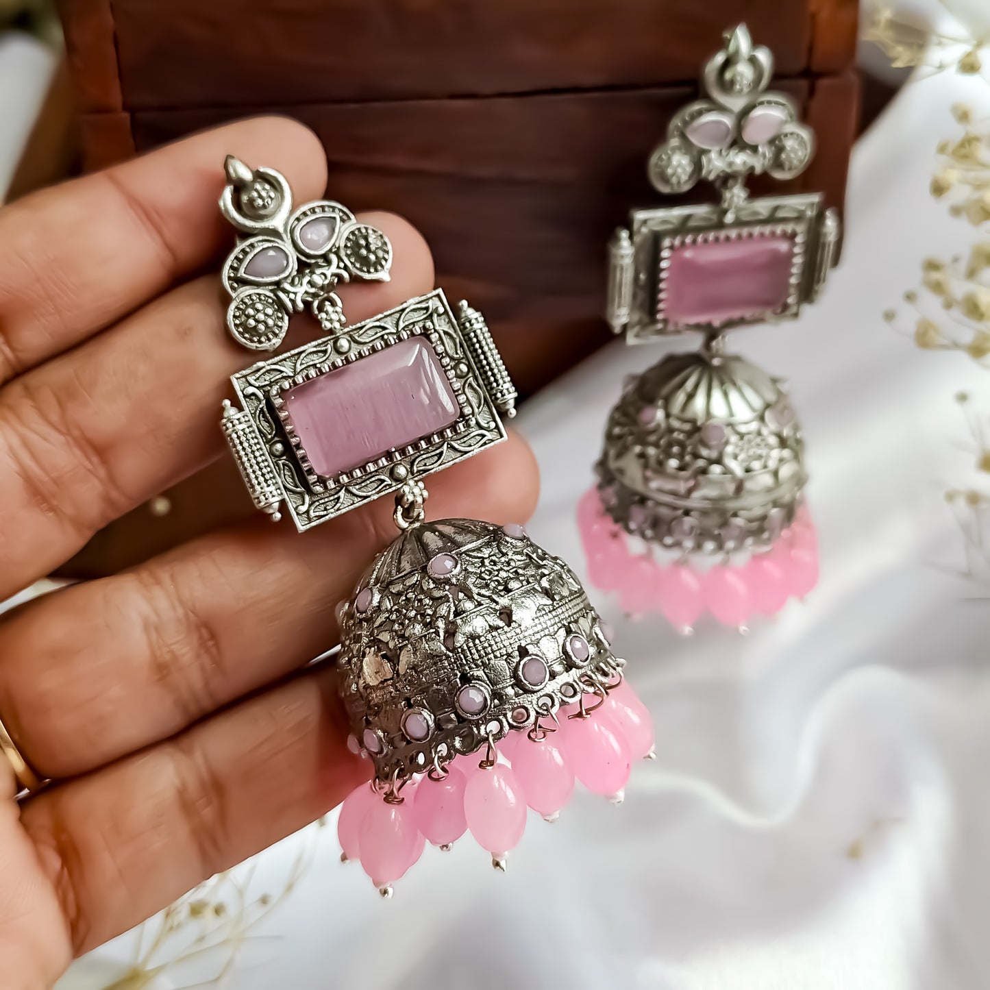 Shifat Silver Plated Brass Jhumka Earrings (Monalisa Stones)- Baby Pink