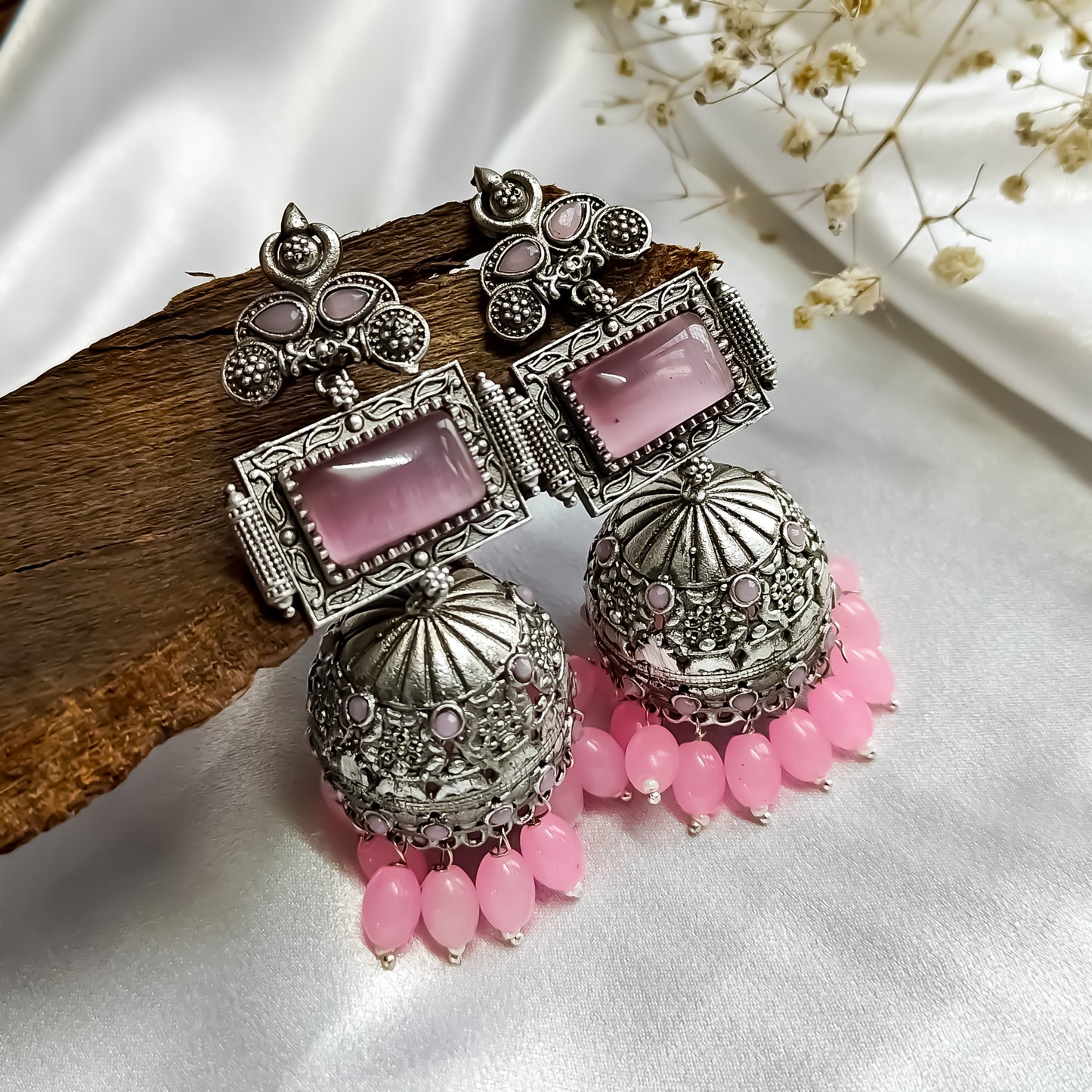 Shifat Silver Plated Brass Jhumka Earrings (Monalisa Stones)- Baby Pink