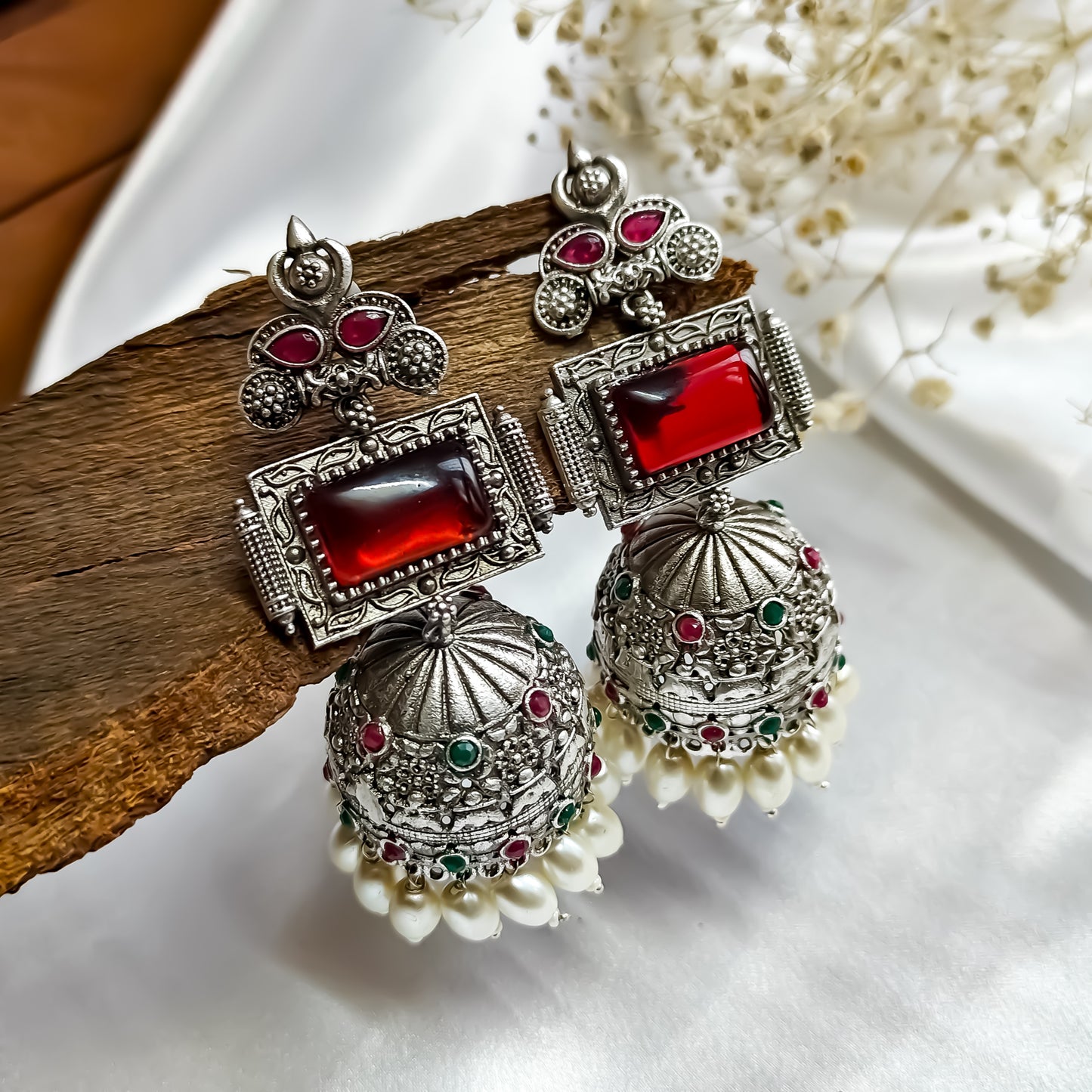Shifat Silver Plated Brass Jhumka Earrings (Monalisa Stones)- Green & Red