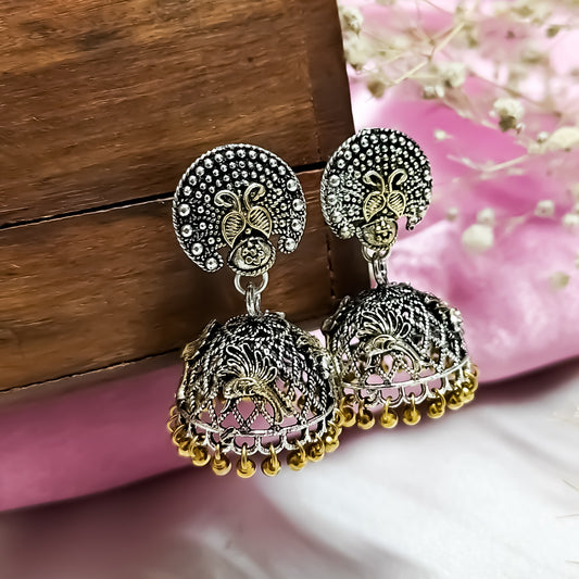 Peacock Dual Tone Silver Jhumka Earrings