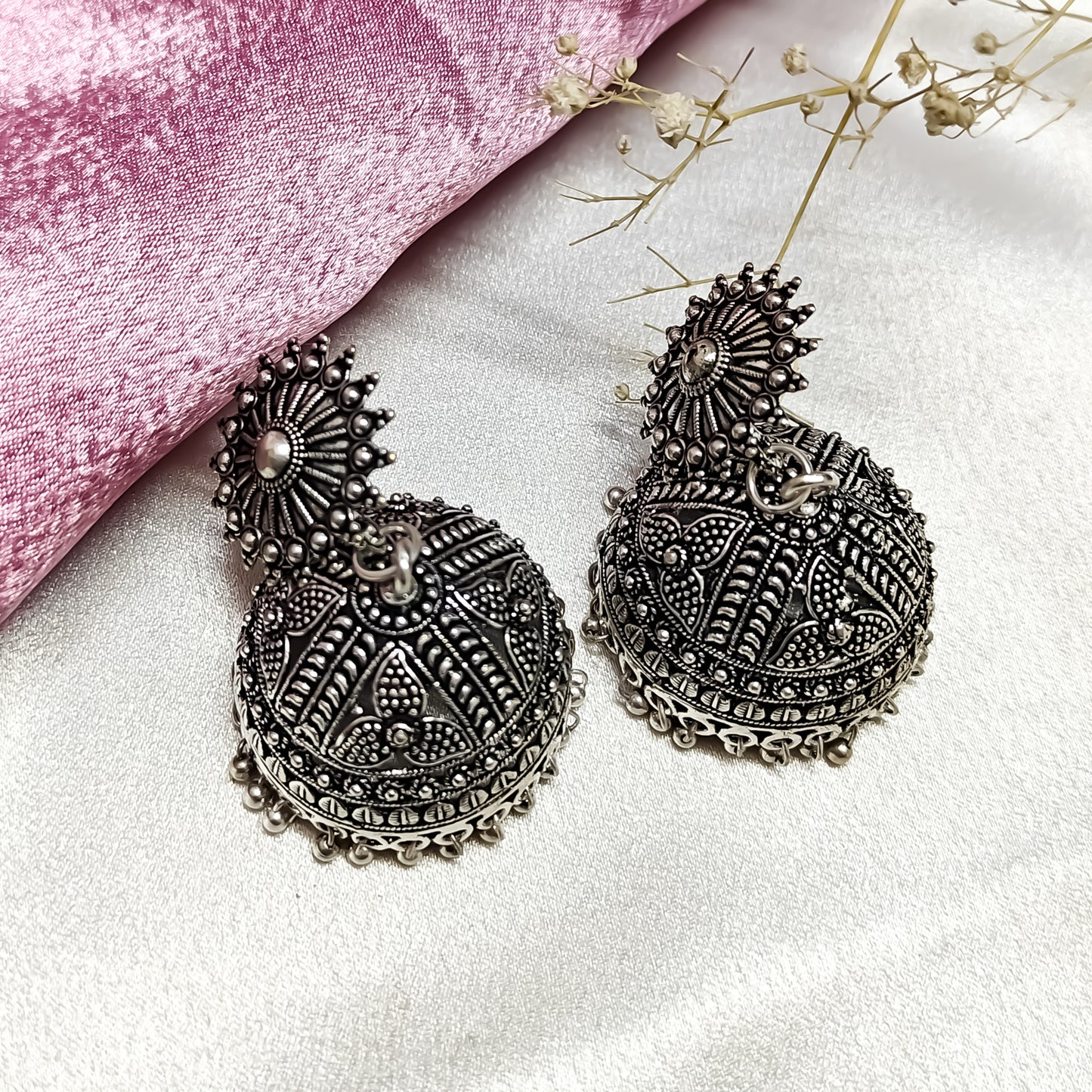 Sun Chakra Silver Jhumka Earrings