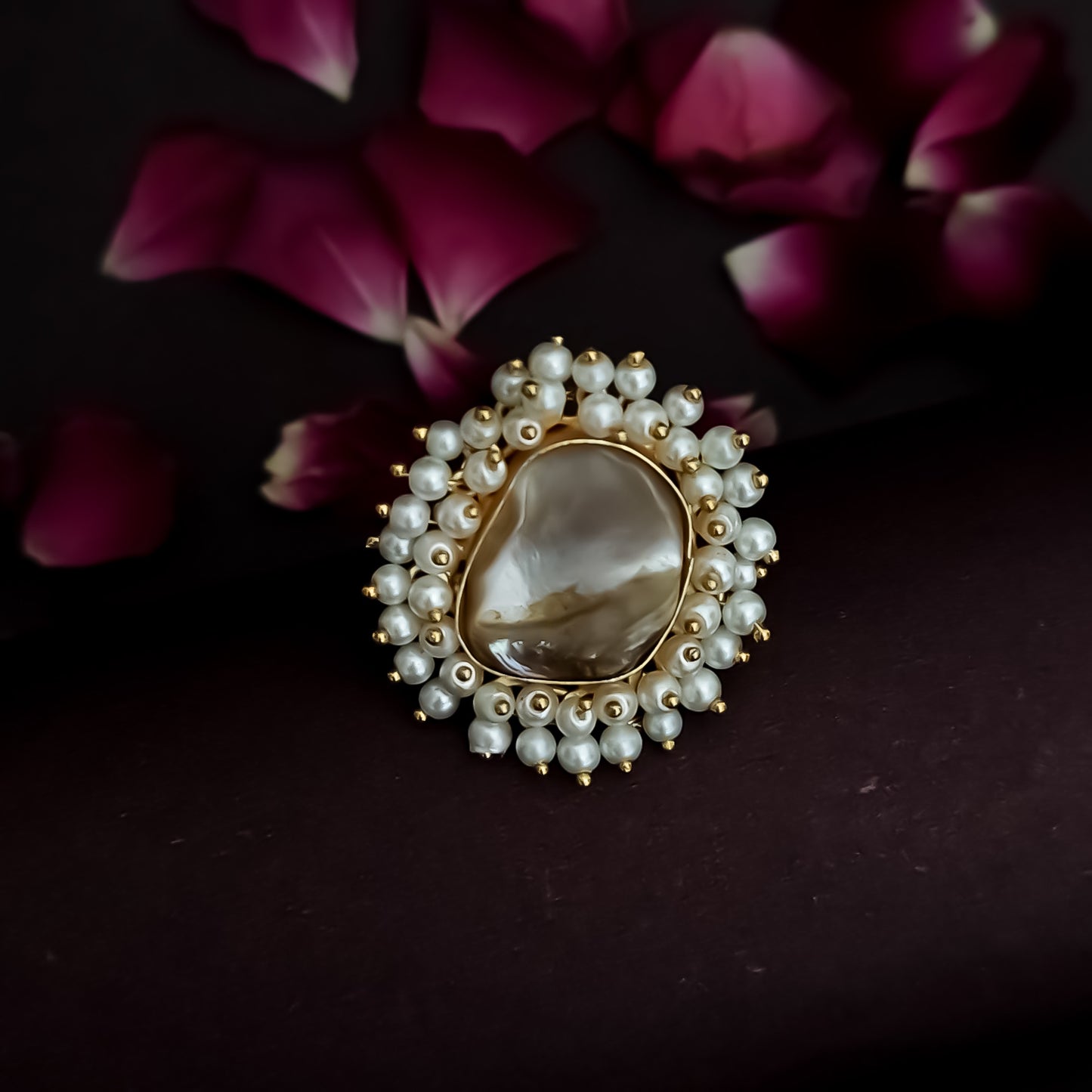 Uncut Mother of Pearls (MOP) Handcrafted Brass Adjustable Ring