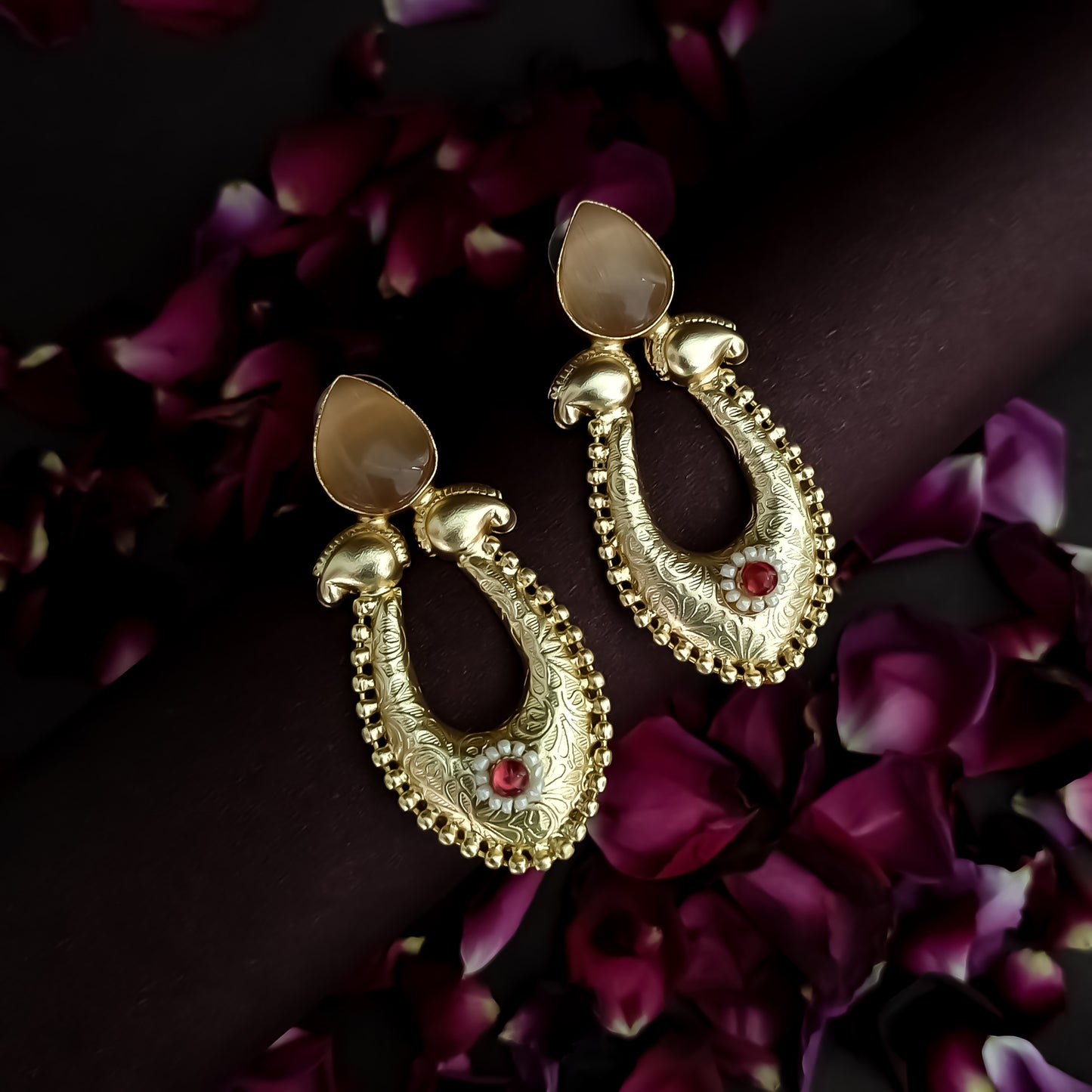 Tashi Handcrafted Brass Chandbali Earrings - Peach