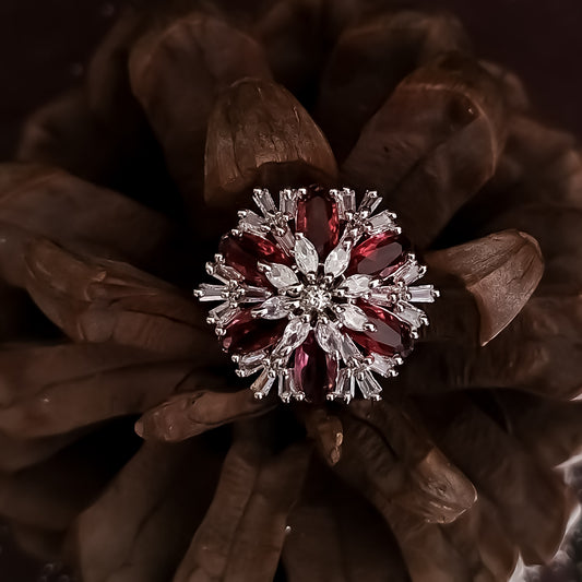 Snowflake American Diamond Adjustable Ring- Ruby Red