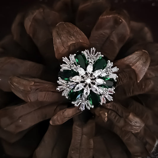 Snowflake American Diamond Adjustable Ring- Green