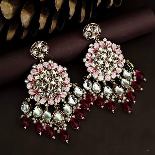 Saanjh Meenakari Chandbali Earrings - Hot Pink