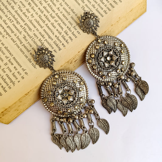 Leaf Motif Silver Oxidised Chandbali Earrings