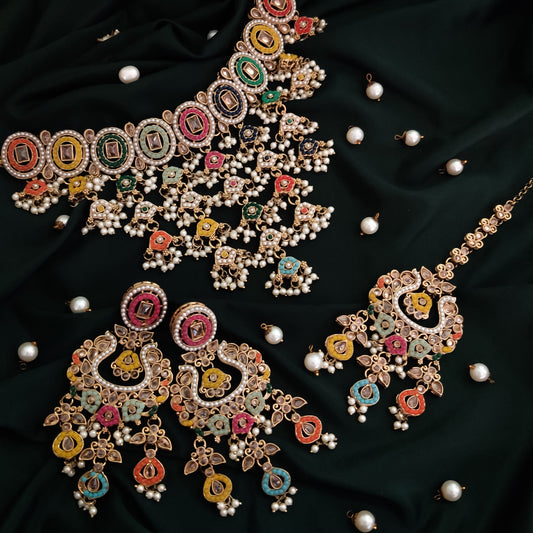 Rehan Jadau Reverse AD Necklace Set - Multi