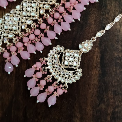Raisha Kundan Necklace Set - Light Pink