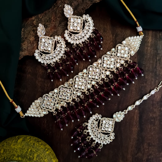 Raisha Kundan Necklace Set - Wine