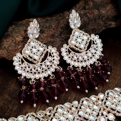 Raisha Kundan Necklace Set - Wine