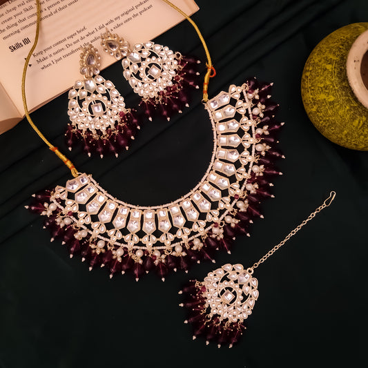 Kirat Kundan Necklace Set - Wine