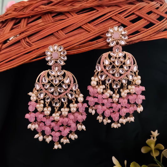 Aayat Kundan Pearl Chandbali Earrings - Baby Pink