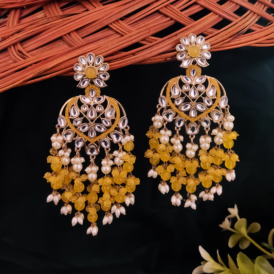 Aayat Kundan Pearl Chandbali Earrings - Yellow