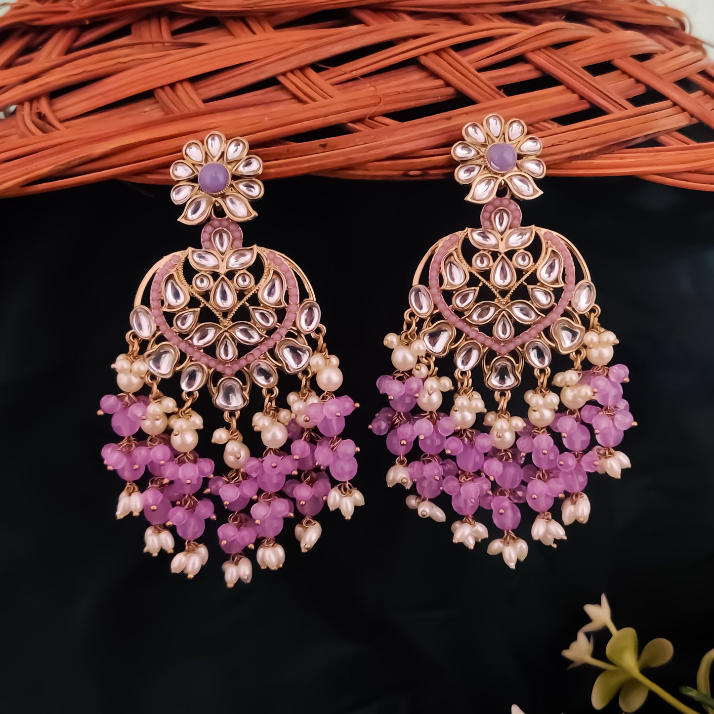 Aayat Kundan Pearl Chandbali Earrings - Lavender