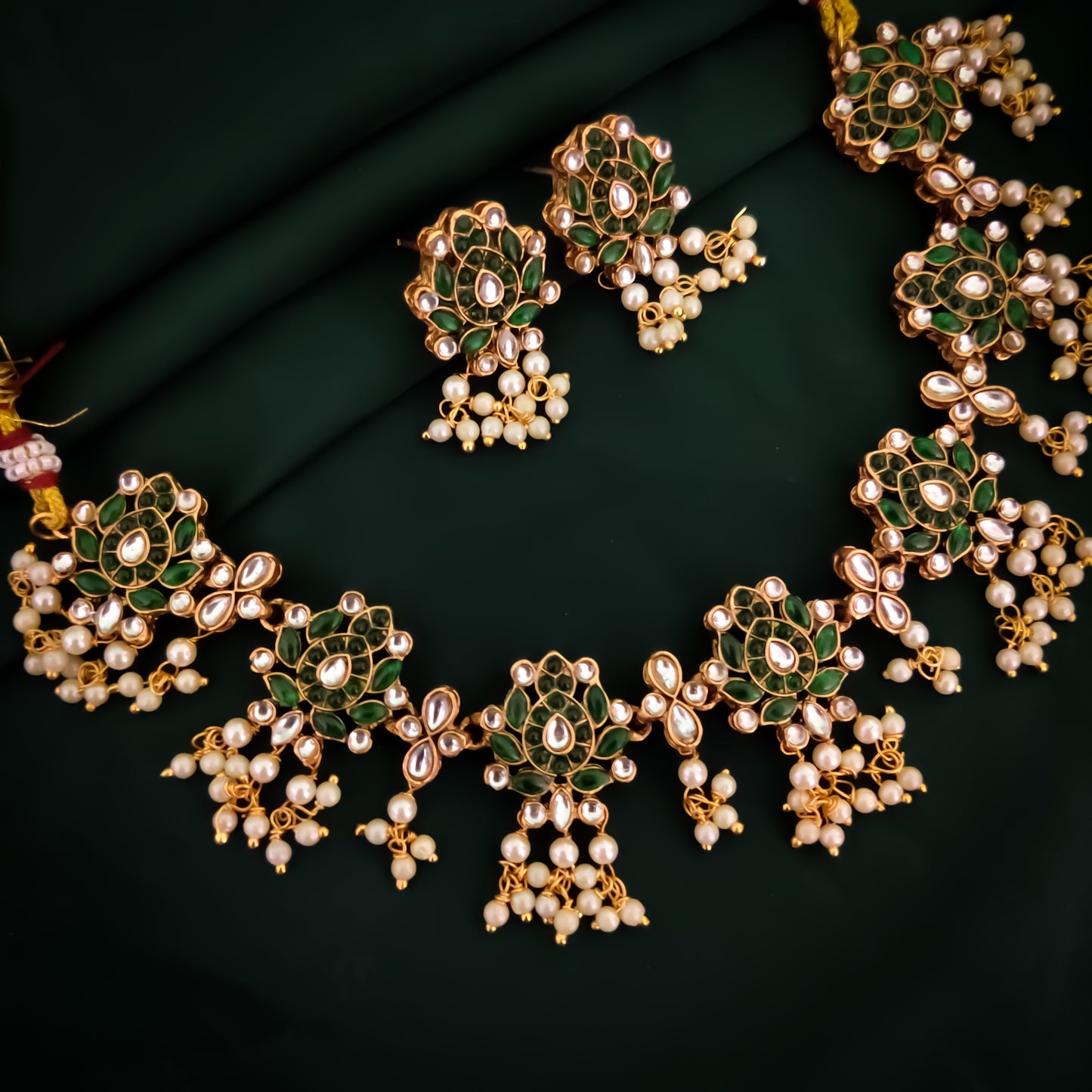 Kumudini Lotus Pearl Necklace Set - Green