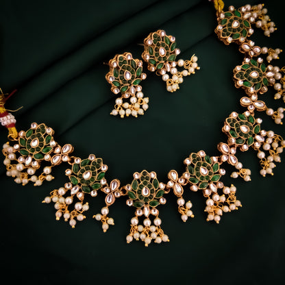 Kumudini Lotus Pearl Necklace Set - Green