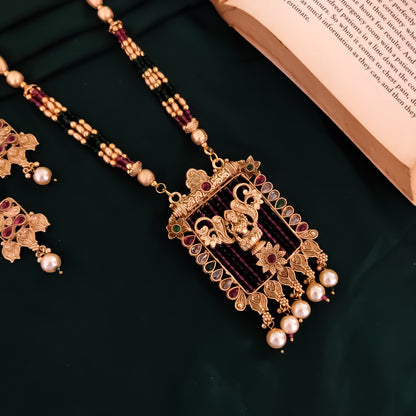 Vilasa Rajwadi Long Necklace Set - Pink & Green