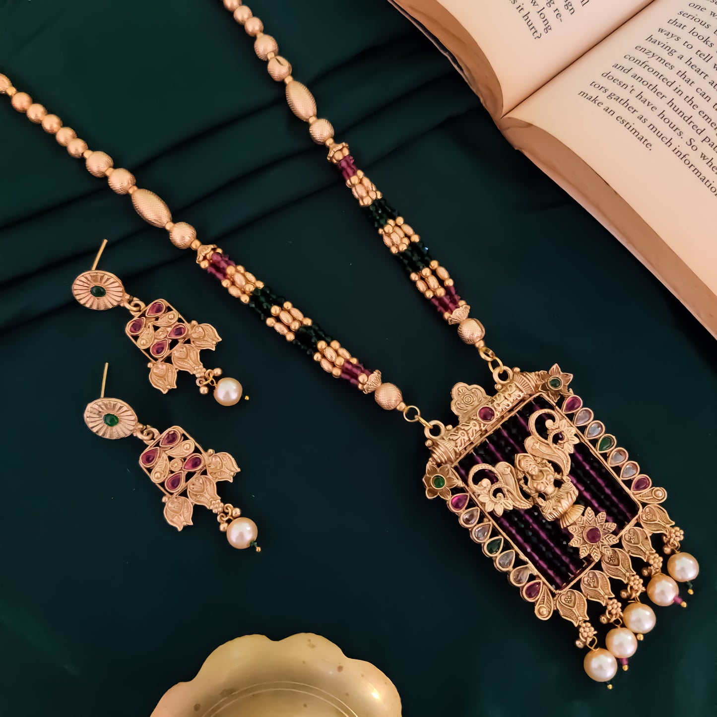 Vilasa Rajwadi Long Necklace Set - Pink & Green