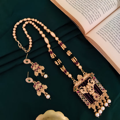 Vilasa Rajwadi Long Necklace Set - Pink & Green