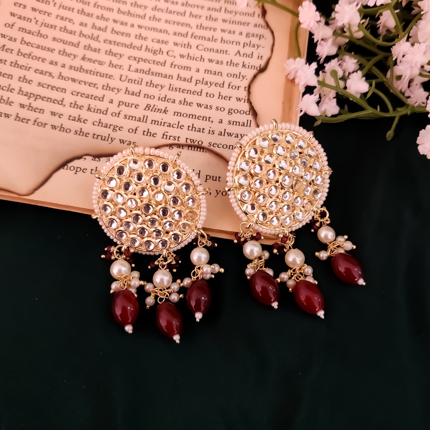 Riza Kundan Necklace Set - Maroon