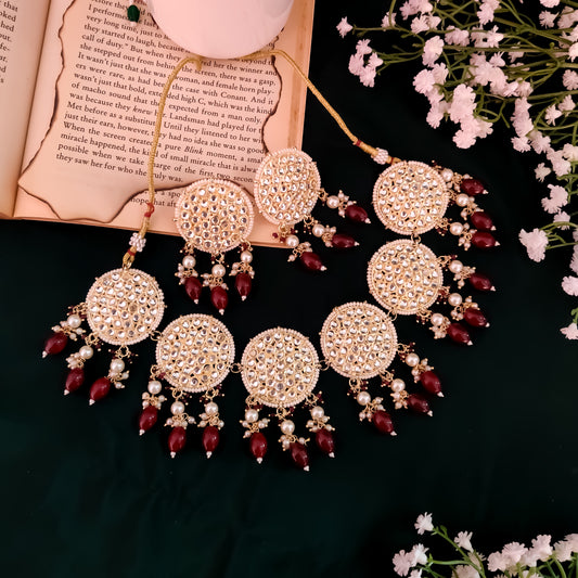 Riza Kundan Necklace Set - Maroon