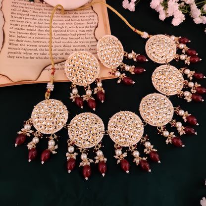 Riza Kundan Necklace Set - Maroon